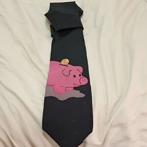 Black Tie with Pink Pig Motif